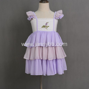 Hot sale purple embroidered chiffon fabric smocked ruffle dress